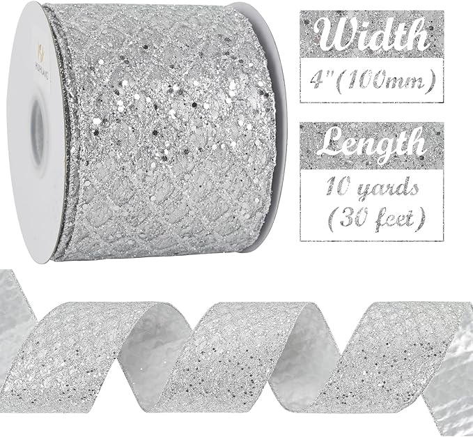 HUIHUANG Silver Christmas Ribbon 4 inch Silver Glitter Wired Ribbon Diamond Mesh Wire Ribbon for X-mas Tree Decorations, Wreaths, Garland, Large Bows Making, Home Decor -10 Yards