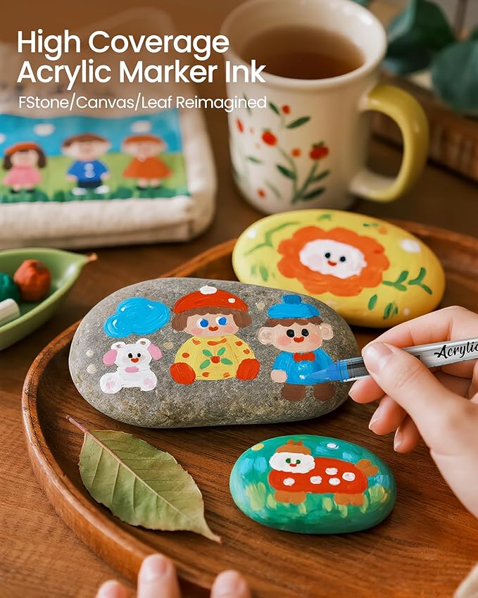 Woomer Acrylic Paint Markers Brush Tip 72 Colors, Water-Based No-Bleed Markers with Automatic Ink Control System, Waterproof Acrylic Paint Pens for Rock, Egg, Wood, Fabric, Glass, DIY Crafts