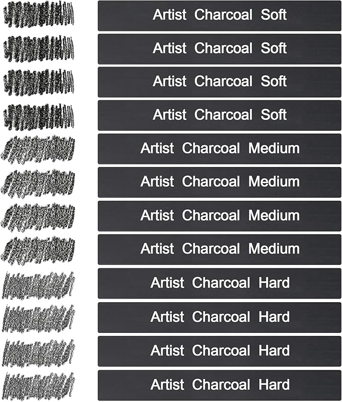 12 Pack Compressed Charcoal Sticks, Vine Charcoal Stick for Drawing, Sketching, Shading, Art Supplies Sketch Kits Tools Soft, Medium and Hard Grade