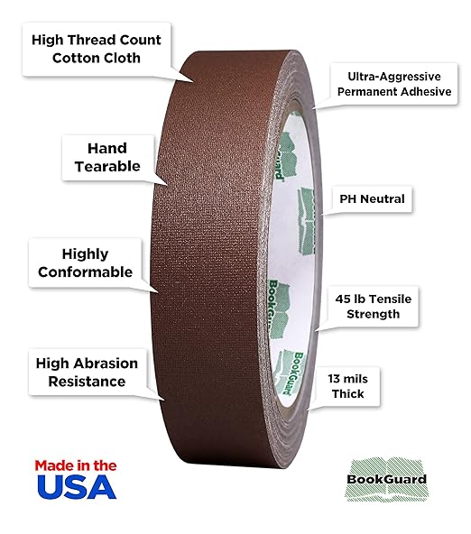 BookGuard 1 inch Premium Bookbinding Repair Cloth Tape, 15 Yards per Roll, Brown