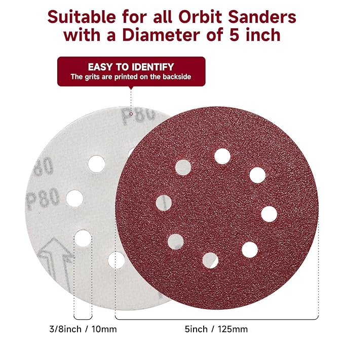 100 PCS 5 Inch Sanding Discs 240 Grit, Round Hook and Loop Sandpaper for Random Orbital Sander