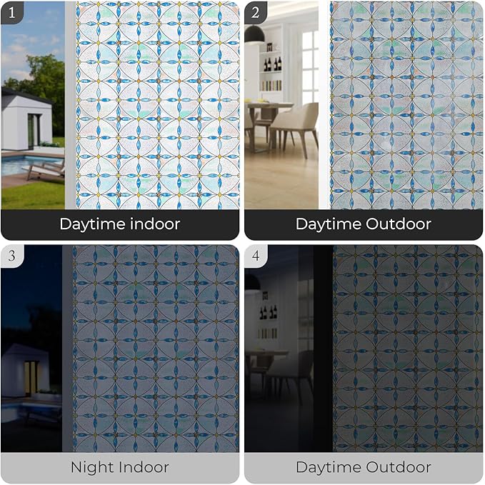 3D Stained Glass Window Film, Decorative Window Privacy Film for Bathroom,Front Door,Home, Sun Blocking Heat Control,Static Cling, Blue Tears 23.6inch x 35.4inch