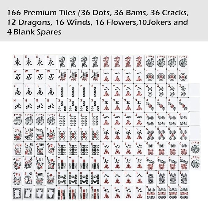 ZGME American Mahjong Set,166 White Tiles with Brown Rectangular Bag and Accessories,4 All-in-One Mahjong Racks with Pushers