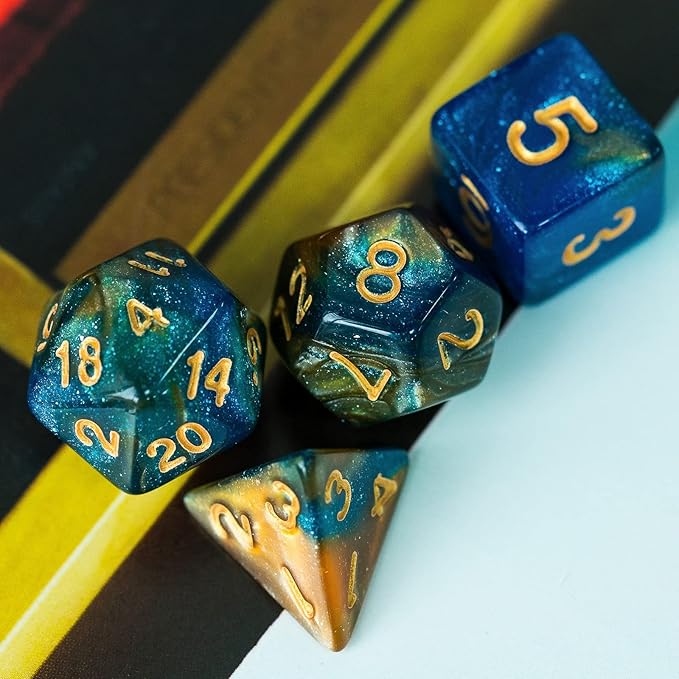 7-Die DND Dice Set Polyhedral Dice Set with a Leather Dice Bag, D&D Dice Set for Dungeons and Dragons, RPG Table Games (Blue Yellow/Glitter)