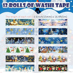 12 Rolls Christmas Washi Tapes, Christmas Tree Snowflakes Santa Claus Masking Tape, Gold Foil Winter Xmas Decorative Tape for Planner Scrapbook Journal DIY Arts Craft Gift Wrapping 16.4FT