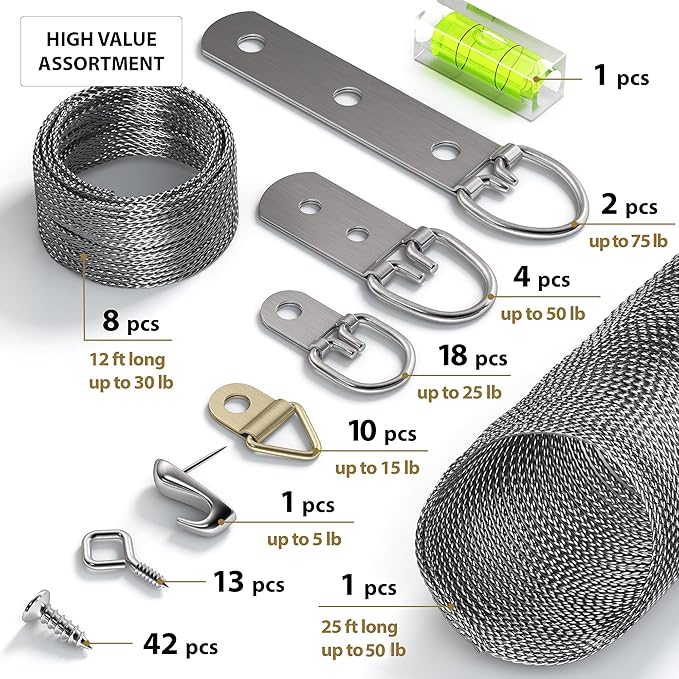 Picture Wire Hanging Kit 100+ Pieces - D-Ring, Screws, Hanging Hooks,Level. Supports up to 50 lbs 120+ Feet(38 M) Stainless Steel Wire Hanger | Comes with Solid Box
