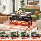 Aheaplus Coffee Table Lift Top Multi-Function Coffee Table Converts to Dining Table, with LED Light and Power Outlet, Center Table with Shelves for Living Room Reception Home Office, Black