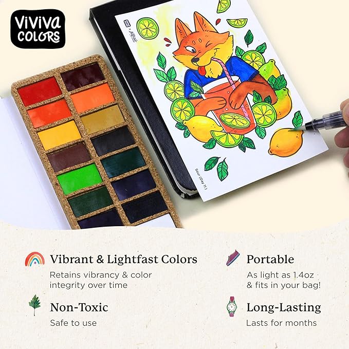 Viviva Colors Travel Watercolor Paint Set - Original 16 Watercolor Paints for Adults, Beginners, Artists, Hobbyists - Lightfast, Vibrant, Handmade & Portable Watercolor Kit with Mixing Palette