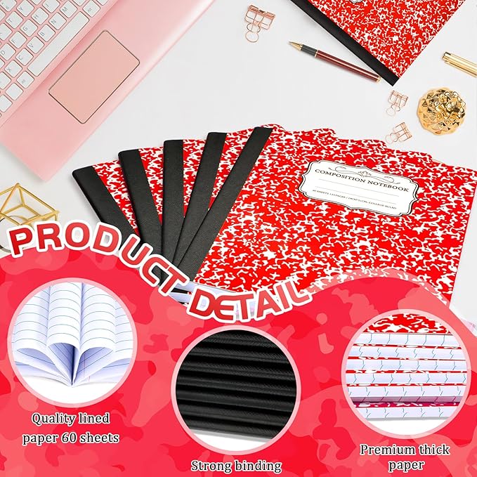 Seajan 20 Pack Composition Notebooks, Wide Ruled Paper, 7-1/2" x 9-3/4" Marble Hard Covers, 60 Sheets, Composition Notebooks Bulk for Students Back to School Adults Office Supplies(Red)