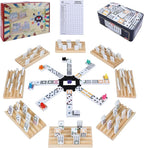 Double 12 Mexican Train Dominoes Set for Adults with 8PCS Wooden Holders, 9 Train Markers, 91 Color Dot Tile Dominos in Tin Box & Hub - Classic Family Board Game Set Party Toy Gift for Kids