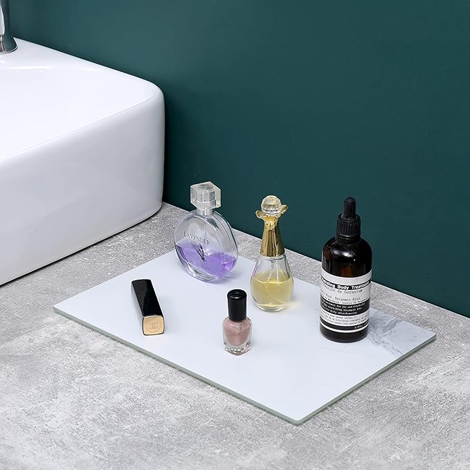 Murrey Home Glass Cutting Board for Kitchen Counter, Tempered Glass Chopping Boards Dishwasher Safe, Small Clear Countertop Tray, Scratch Resistant, Heat Resistant, Non Toxic, White Marble, 20"x16"