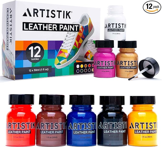 Leather Paint Set with Brushes - 12 x 30ml Acrylic Paints Leather Dye Set for Shoes Bags Boots Sneakers Jackets Car Seat Leather