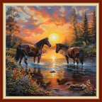 Joyhoor Cross Stitch Kits for Beginners Stamped Cross-Stitch Supplies Needlework preprint Embroidery Kits for Adults DIY Needlepoint Kits Embroidery Patterns 11CT-Sunrise Couple Steed 18x18 inchs