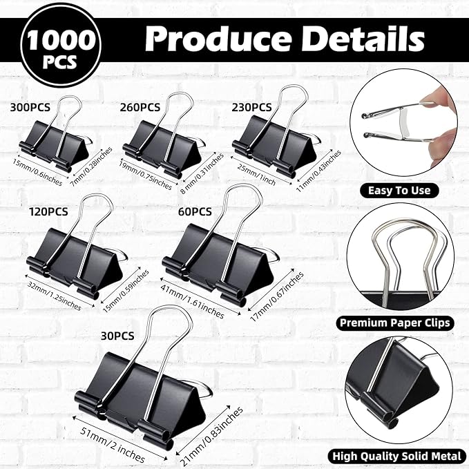 Yexiya 1000 Pcs Binder Clips Bulk Assorted Sizes Black Paper Clips Small Binder Clips Office Clips Bulk Mini Paper Clamps Multi Sizes for School Teachers Office Supplies (Multi Sizes)