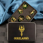 OUKELANWO Magic Lord Rings DND Dice Set with Box, 7Pcs Resin LOTR D&D Dice Set for Role Playing Game, Green Gold Dungeons Dragons D and D Sharp Edge Dice D20 D12 D10 D8 D6 D4