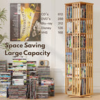 XIMN 360° Rotating Bamboo CD/DVD Shelf - 6-Tier Space-Saving Media Storage Cabinet for Movies, Organizer with Super Compact Design