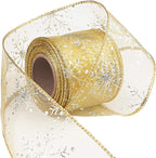 2.5 Inch Wide Christmas Wired Ribbon Snowflake Organza Sheer Glitter Ribbon for Xmas Tree, Wreath, Party Decoration, Gift Wrapping (Golden, 10.9 Yards)