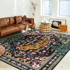 Oriental Tropical Washable Rugs, Black Boho Vintage Distressed Hippie 8x10 Area Rugs for Bedroom Living Room Office Dorm, Abstract Botanical Tribal Indian Accent Dining Room Large Carpet