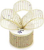 MEEDEE Champagne Gold Glitter Ribbon - 2.5 Inch Square Mesh Net Wired Ribbon with Rainbow Sparkle for Christmas Tree Decoration, Wreath Bow Making (25 Yards)