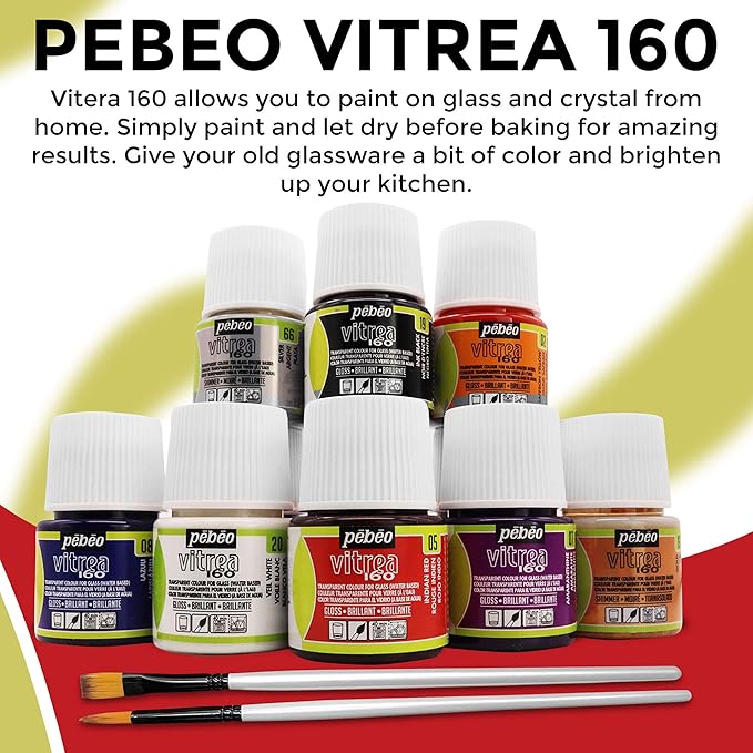 Pebeo Vitrea 160 Glass Paint - Transparent Colour Glossy and Brilliant - Made in France - DIY Craft Paint for Stained Glass and More - Set of 8 Colors Bundled Application Brushes