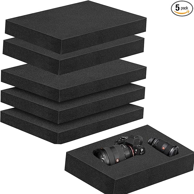 5 Pcs 16 x 12 x 2 Inches Polyurethane Foam - Foam Inserts for Cases Packing Foam Black Craft Foam Sheets for Packing Padding 2 Inch Thick for Camera Toolbox Storage