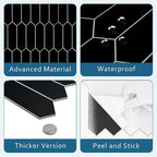 SUNWINGS Backsplash Tile for Kitchen Peel and Stick, Stone Composite Self Adhesive Tiles Long Hexagon Mosaic Wall Tile for Kitchen, 12 Inch x 11.22 Inch 10 Sheets Black Matte