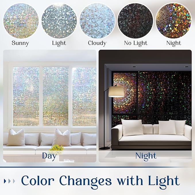 Haton Window Privacy Film, Rainbow Stained Glass Window Clings, 3D Decorative UV Sun Blocking Sticker, Removable Static Cling Heat Control Tint for Home Door, 17.5" x 78.7" Non-Adhesive