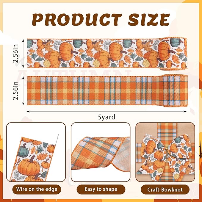 2 Rolls Fall Pumpkin Craft Ribbons for Wreath Bows, 2.5"×10 Yards Thanksgiving Wired Edge Ribbon Orange Burlap Autumn Leaves Wired Ribbons for Crafting Sewing Supplies