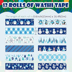 12 Rolls Winter Washi Tape Set Blue White Snowflake Snowman Holiday Masking Tape Xmas Tree Reindeer Penguin Holiday Decorative Tapes for Scrapbook Journal DIY Craft Gift Wrapping Party Decor 16.4FT
