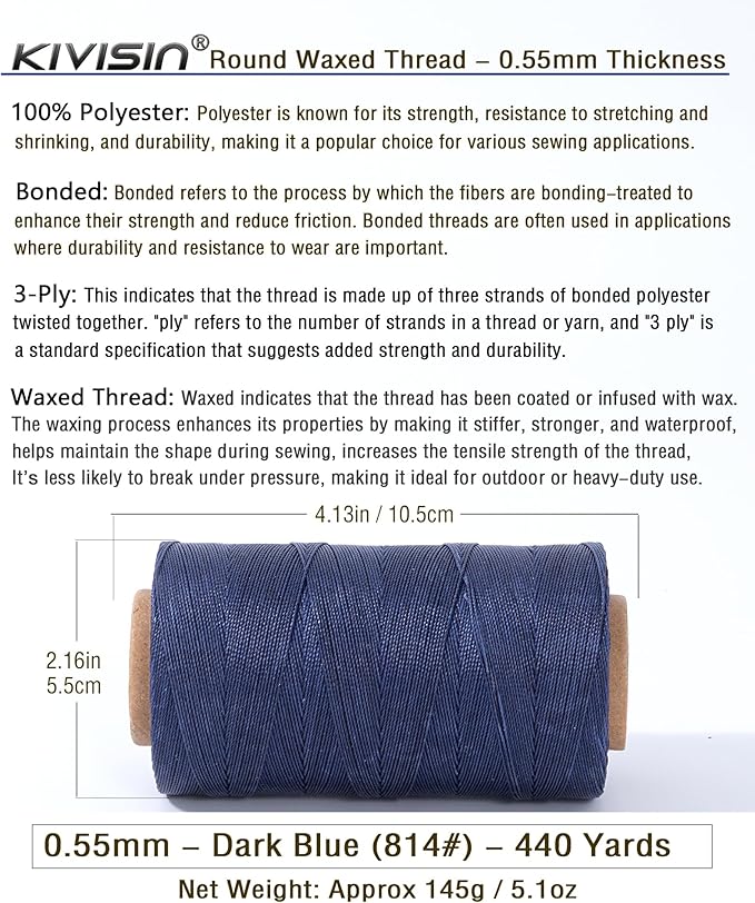 Round Waxed Polyester Thread 0.55mm, 440 Yards, Dark Blue, Stiff 3 Ply Leather Wax String for Hand Sewing, Beading, Knotting, Book Binding, Upholstery, Macrame Jewelry and Bracelets Making