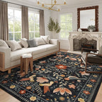 Morebes Washable 9x12 Area Rugs for Living Room, Large Bird Floral Dining Room Rug Non Slip, Ultra-Thin Boho Insect Distressed Soft Carpet for Kids Bedroom Office Decor, Black/Muliti
