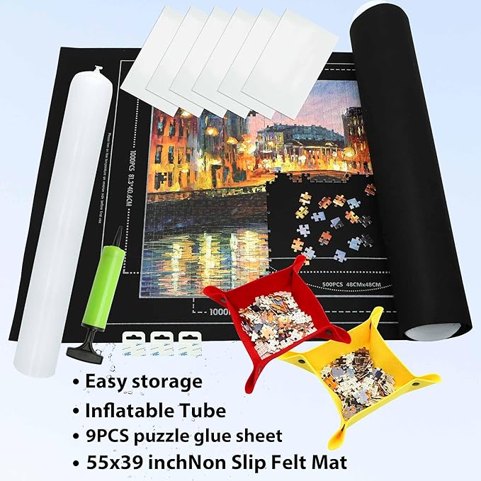 3000pc Jigsaw Puzzle Mat Roll Up, Black Felt, Classic Style, Portable, 39" x 39", 6+ Years