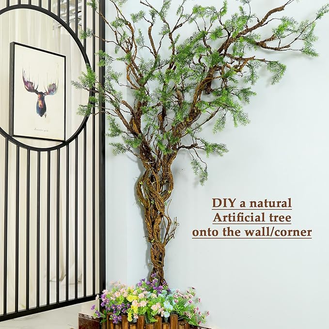 39.3in Bendable Artificial Pine Tree Bark Branches Trunk Fake Wood Root Twigs Plants Vines Garland With Green Leaf For Wall Hanging Reptile Outdoor Home Room Jungle Halloween X'mas Decoration