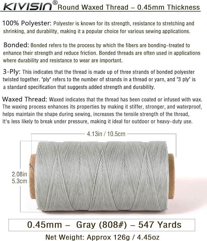 Thin Wax Polyester Thread, 0.45mm, 547 Yards, 3 Ply Round Waxed Cord Strings for Sewing, Beading, Binding, Micro Braiding, Fine Leather Craft and Micro Macrame Jewelry - Gray