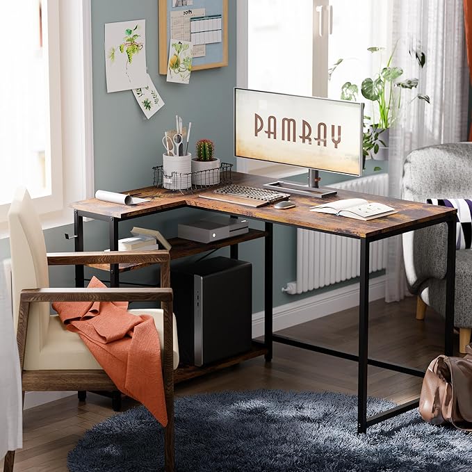 Pamray 43 Inch L Shaped Computer Desk with Reversible Side Storage Shelves, Small Corner Desk for Small Space Home Office,Writing Study Table PC Desk for Bedroom,Vintage