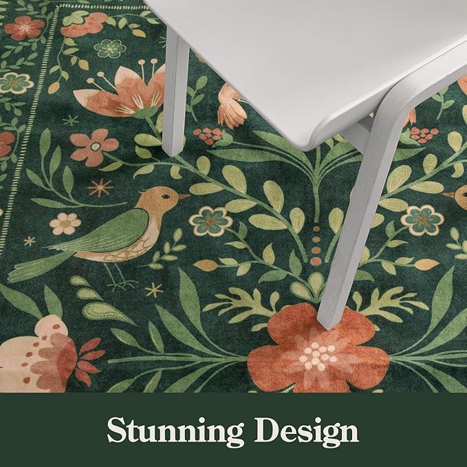 Morebes Washable Floral 5x7 Green Area Rug for Living Room, Large Boho Bird Rug for Bedroom Non Slip, Soft Vintage Plant Floor Carpet for Nursery Dining Kids Room Playroom Emerald Green