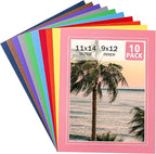 HOTUO 10 Pack Colorful 11x14 Picture Mats, Pre-Cut 11x14 Picture Frame Mat with Ivory Core Bevel Cut for 9x12 Photo, Signature Friendly 4 Ply Thickness Photo Mat for Frames (Colorful with V-Groove)