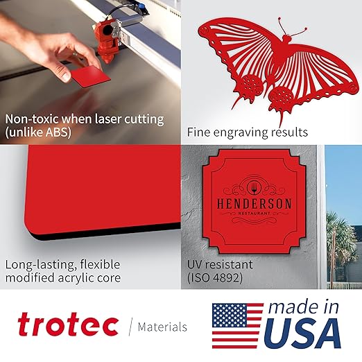 Trotec TroLase | 12"x12"x1/16", 8 Pcs | Red/Black | 2 Ply | Modified Acrylic | Laser Engraving Double Color Plastic Sheet | Engraving Blanks for Laser, Saw, Guillotine | Made in USA