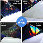 36 Sheets Holographic Sticker Paper 8.5" x11'' Waterproof Clear Vinyl Sticker Sheets Self-Adhesive Rainbow Overlay Sheets with 4 Styles Mixed