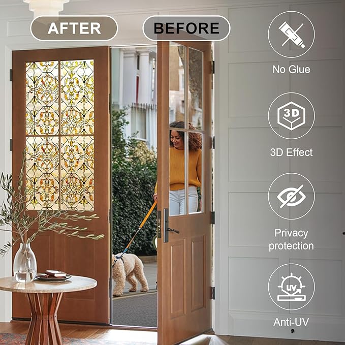 3D Stained Glass Window Privacy Film, Heat Control UV Blocking Static Cling Decorative Window Film for Bathroom,Front Door,Home Non Adhesive 16.9 x 78.7 inches Golden Filigree