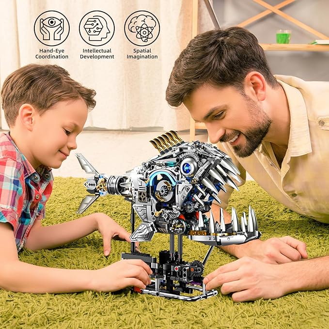 Mechanical Piranha Building Sets, Ocean Animal Collection Toy, Multi-Jointed Movement with Ice Blue Accents, Adults Home or Office Decor, STEM Building Gift for Teens Boys and Girls 12+（1085 PCS)