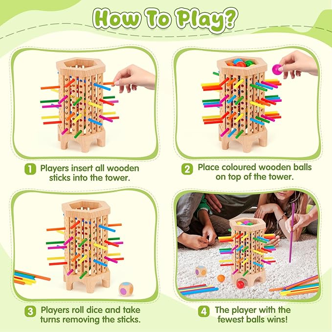 Montessori Game Wooden Board Game, 36 Colorful Wooden Sticks Dice Game, Math Educational Toy for 3 4 5 6 Year Olds, Fine Motor Skills Toy Classic Tower Game for Family Night Gift for Boys Girls