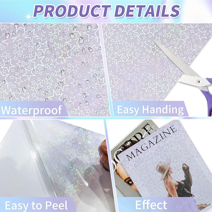 36 Sheets Holographic Sticker Paper,Holographic Laminate Sheets,A4 Size Clear Vinyl Sticker Sheets Self-Adhesive Rainbow Overlay Sheets,11.7 x 8.3 Inches（Five-Pointed Star）