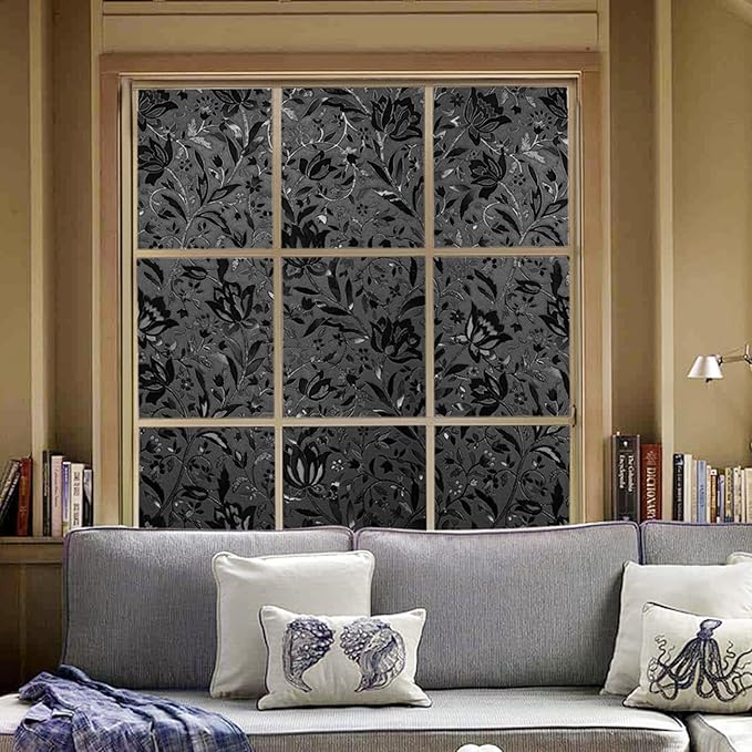 LEMON CLOUD Total Blackout Window Film Privacy Static Cling Frosted Black Window Covering 100% Opaque Film Tint Darkening Removable Film for High Privacy，(Blackout Tulip Design,23.6 x78.7 inches)