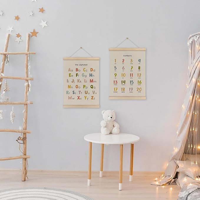 HRQKO Alphabet Numbers Poster Hanger Frame Set of 2, Nursery Wall Decor, Boho ABC Poster Wall Art with Wooden Frames, Cute Alphabet Banner Wall Hanging Decor for Toddlers Room Playroom, 12x16 Inch