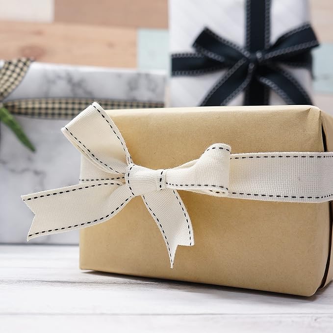 CT CRAFT LLC Ivory Cotton Black Stitched Ribbon 7/8" x 10 Yards for Home Décor Gift Present Wrapping DIY Crafts Birthday Wedding Bouquet Christmas