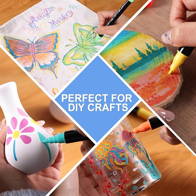 TOSAHRE Acrylic Paint Pens Markers 60 Colors Waterproof Dual Tip Acrylic Markers Set with Brush & Fine Tip Coloring Pens for Rock Painting Wood Scrapbook Fabric Glass Ceramic DIY Craft Art Supplies