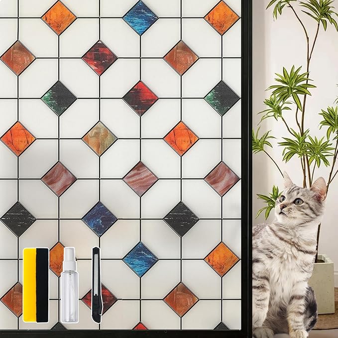 DKTIE Stained Glass Window Film Geometric Patterns, Fine Frosted Window Clings for Glass Windows, Waterproof for Bathroom Window Privacy Film Day and Night (S533, 35.4in X 118.1in)