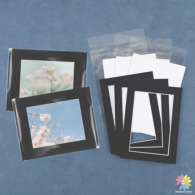 Mat Board Center, Pack of 10, 16x20 for 11x14 Black Picture Mat Sets - Acid Free, 4-ply Thickness, Bevel Pre-Cut White Core - Includes Backing Boards and Clear Bags - for Pictures, Photos, Framing