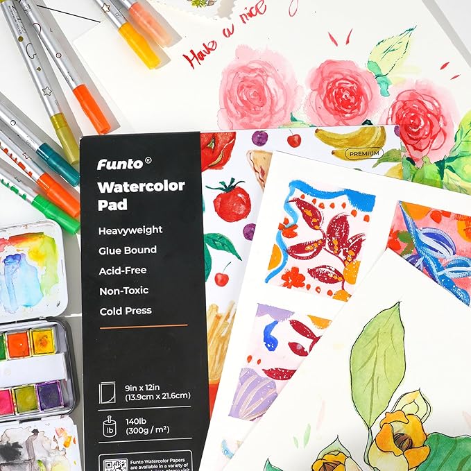 Funto Watercolor Paper Pads, 9x12, 140lb/300gsm, 30 Sheets Each, Cold Pressed, Acid-Free Heavyweight Art Paper for Painting, Drawing
